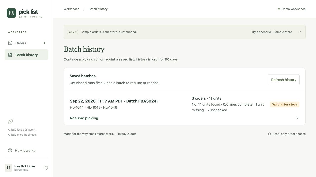Sample batch history with saved quantities, missing units and a resume action