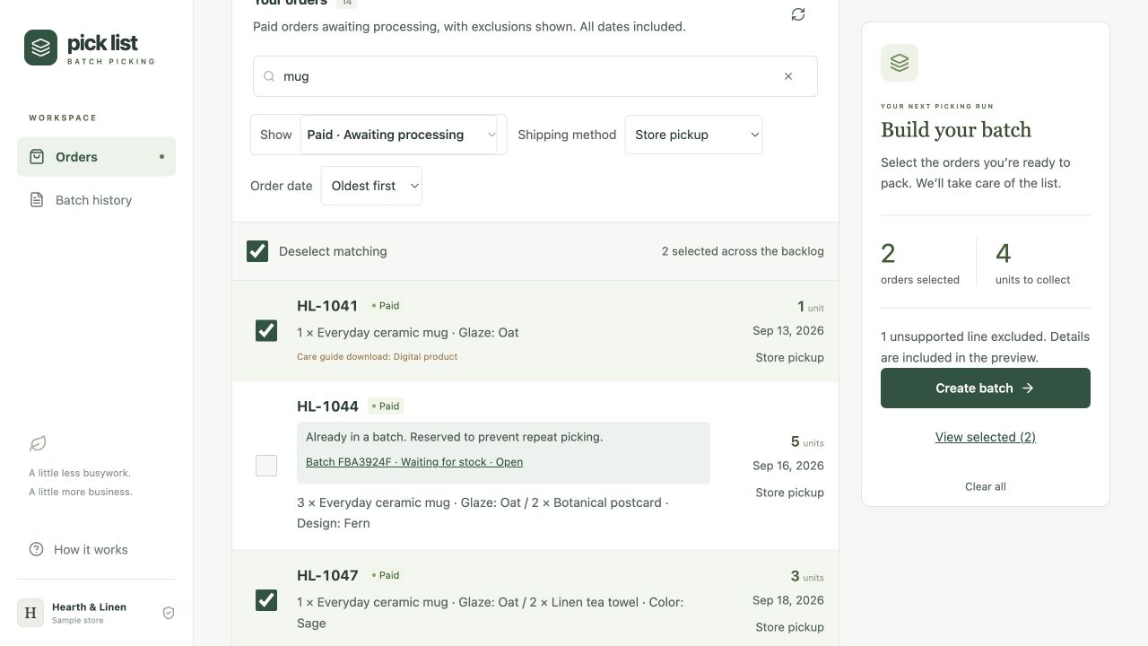 Sample orders with full-order search, shipping filters and a batch selection summary