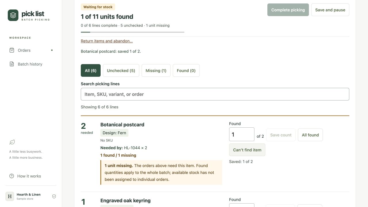 A sample picking batch showing saved unit progress, a shortage and the order that needs the item